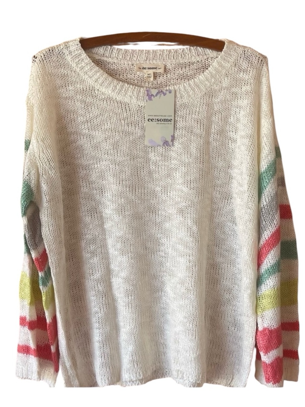 NWT ee:some Rainbow Stripe Sleeve Lightweight Knit Sweater Boho